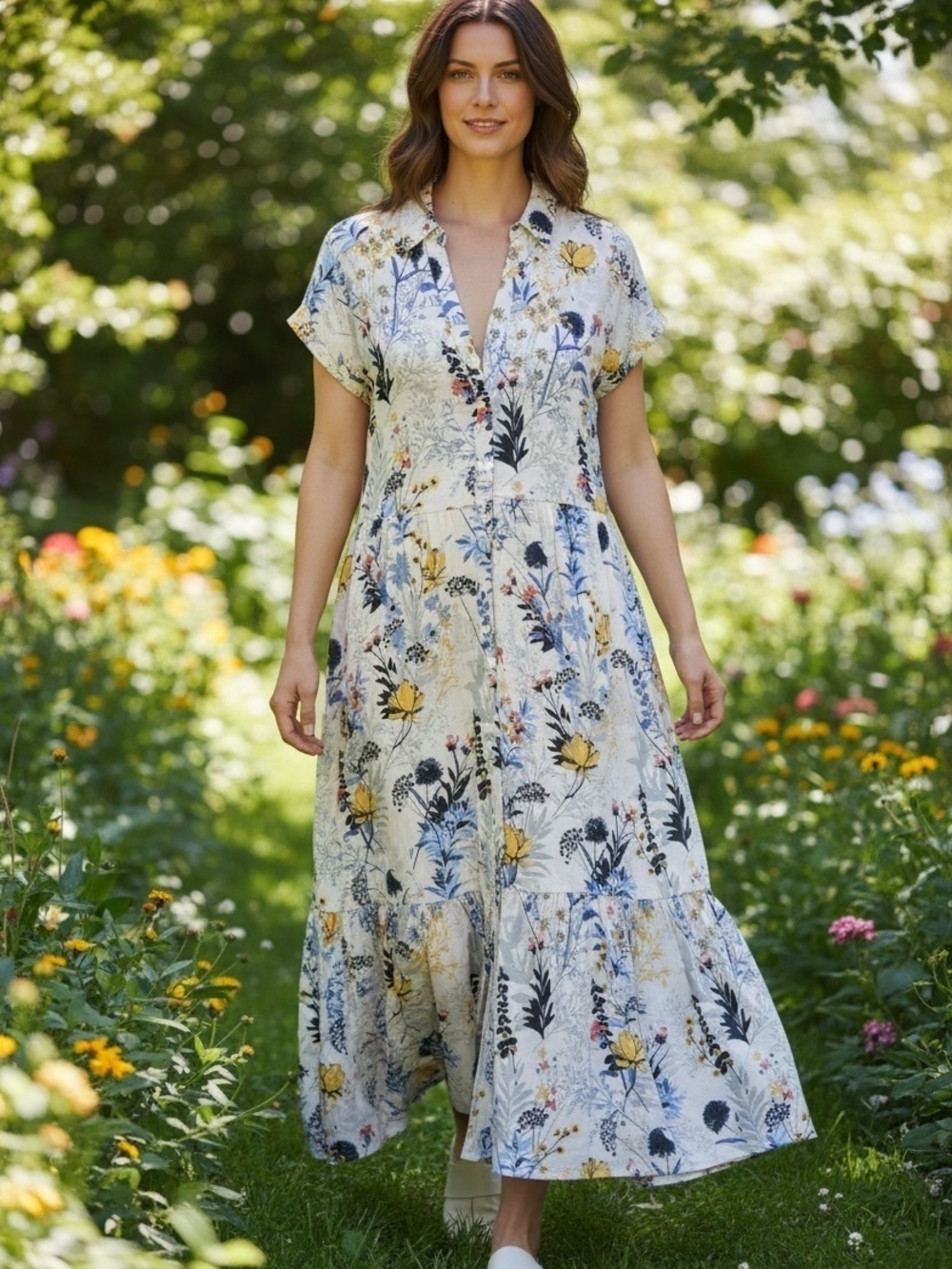 White Floral Maxi Dress with Blue and Yellow Print